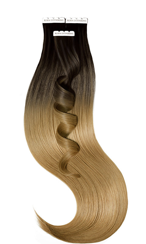 Tape-in Extensions Sombre-Baleyages, Schwarz-Braun & Hellbraun-Karamell