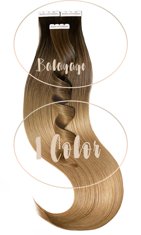 Tape-in Extensions Sombre-Balayages, Schoko-Dunkelbraun & Hellbraun-Karamell